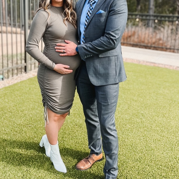 PinkBlush Olive Ribbed Side Tie Maternity Fitted Dress - Picture 2 of 7